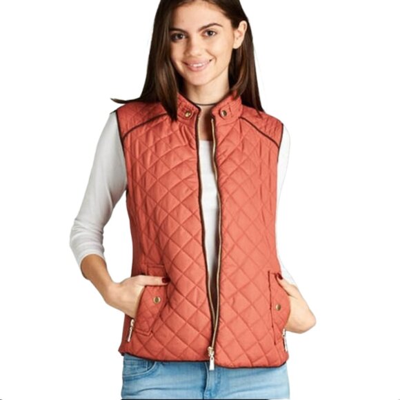 NWT Quilted Coral Rose Tone Front Zip Vest with Leather Contrast & Pockets - Picture 4 of 4